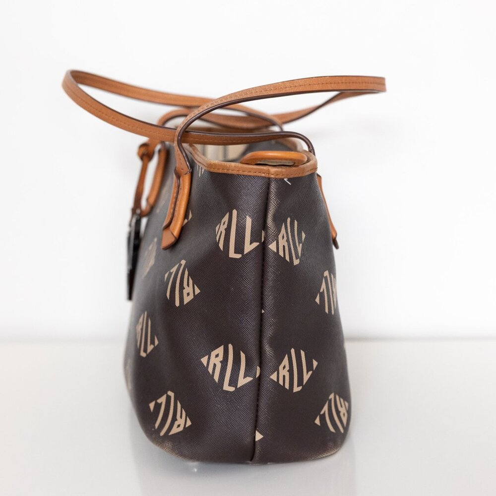 Lauren Ralph Lauren Brown Monogram Tote Bag Shopper Purse Handbag - Picture 4 of 11